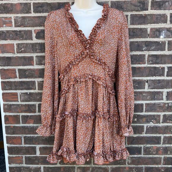 Lulus Dresses & Skirts - Lulus Admire You Floral Ditsy Print Mini Dress Sz L Ruffled Orange Long Sleeves